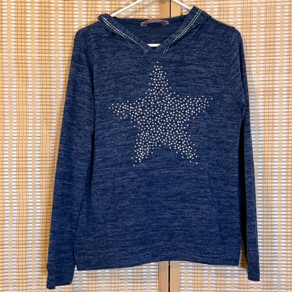 SJS Women Navy Blue Space Dye Rhinestone Star Hoodie Studded Hood L Streetwear
